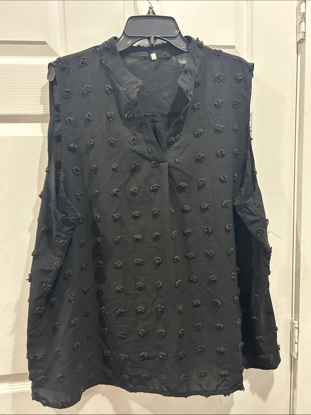 Black Sleeveless Textured Dot V-Neck Women's Top